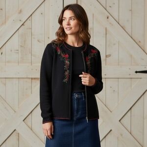 Vintage Black Zip Cardigan with Red Embroidered Cardinals